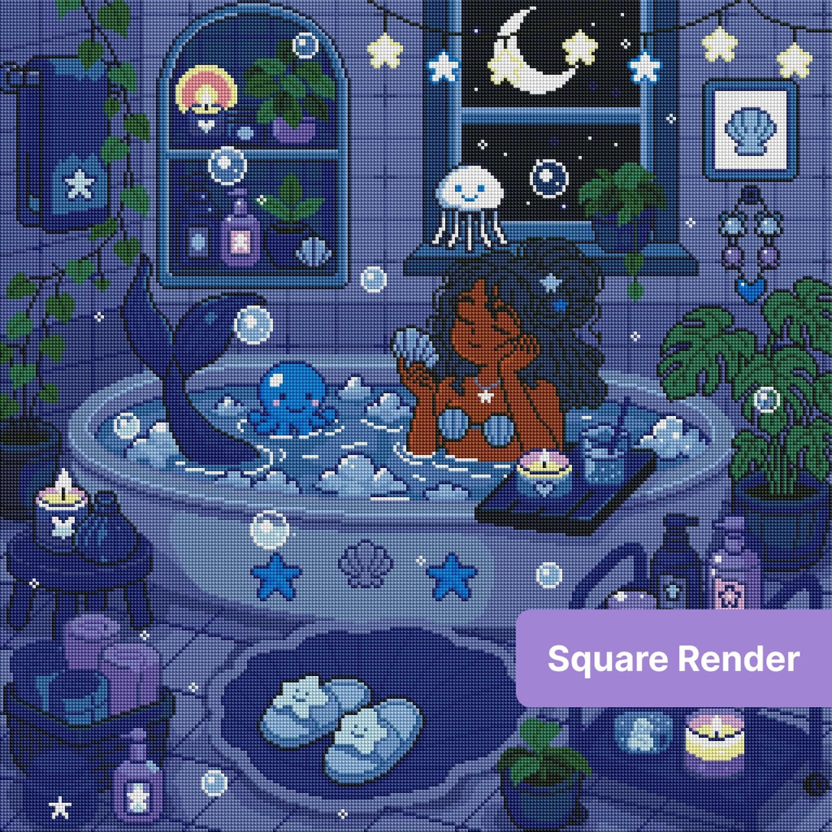 Mermaid bathing in a moonlit fantasy room with shells, stars, candles, and pastel blue tones
