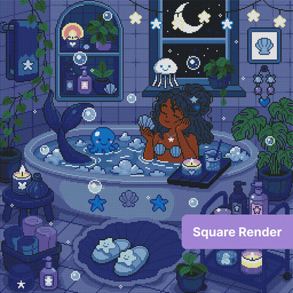 Mermaid bathing in a moonlit fantasy room with shells, stars, candles, and pastel blue tones