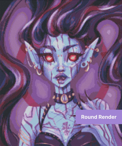 Gothic vampire demon woman portrait with glowing red eyes, dark purple hair, and gold piercings
