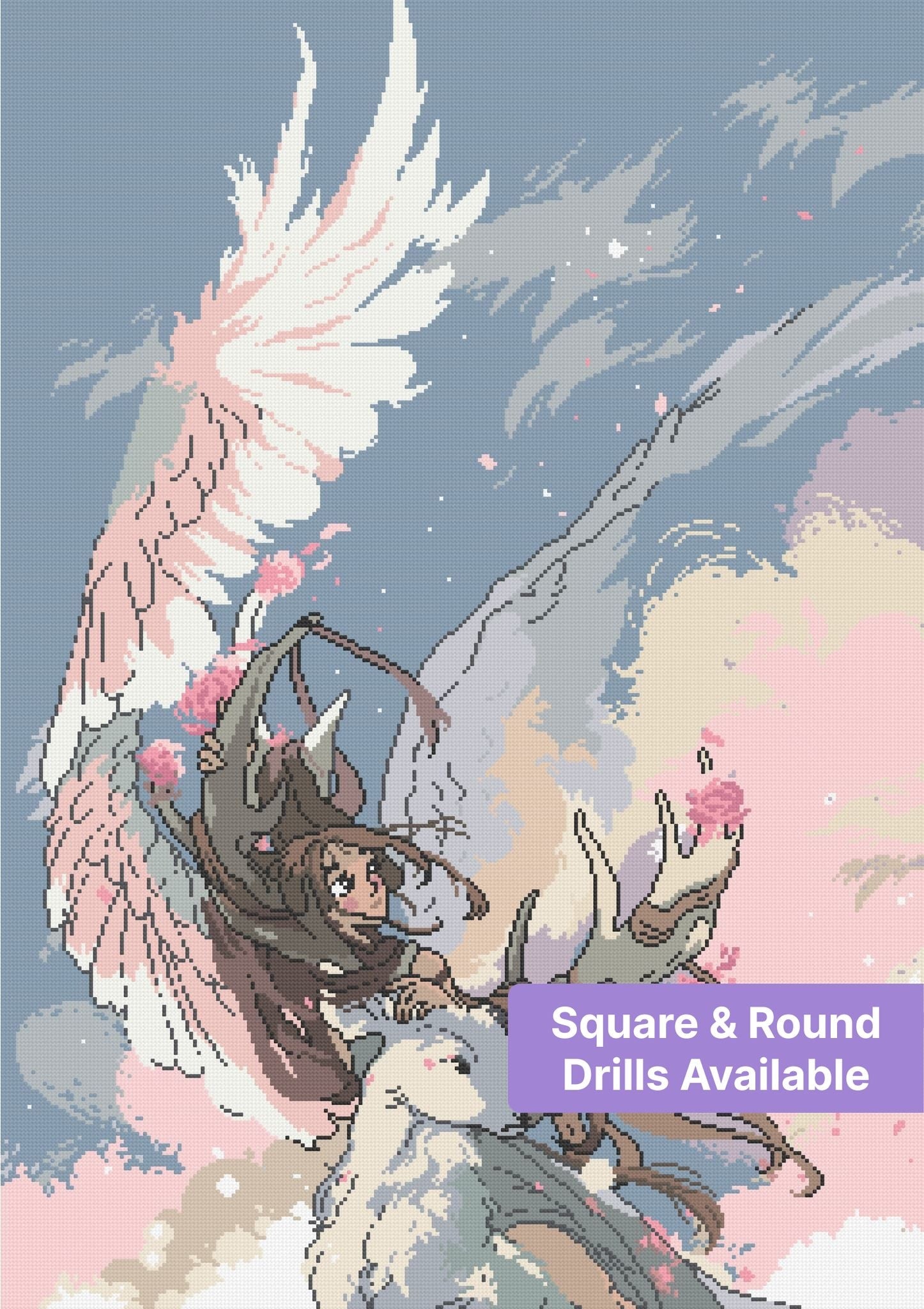 Anime-style angel girl with white deer, flowing wings, and pastel blossoms