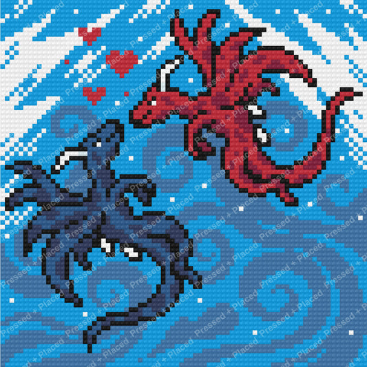 Red dragon facing a black horse in a pixel-style fantasy diamond art scene