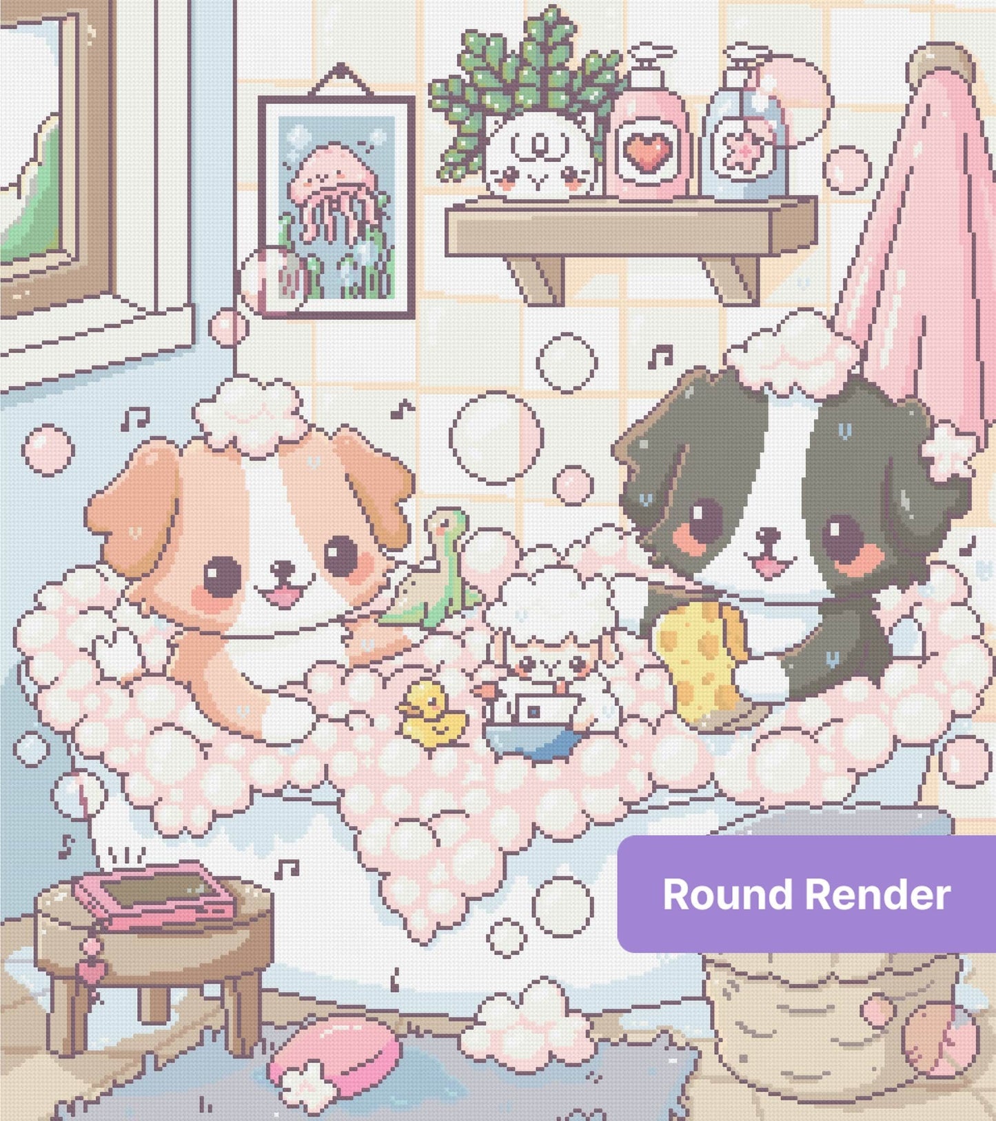 Cute pastel puppy bath scene with bubbles, soap, and cozy kawaii decor
