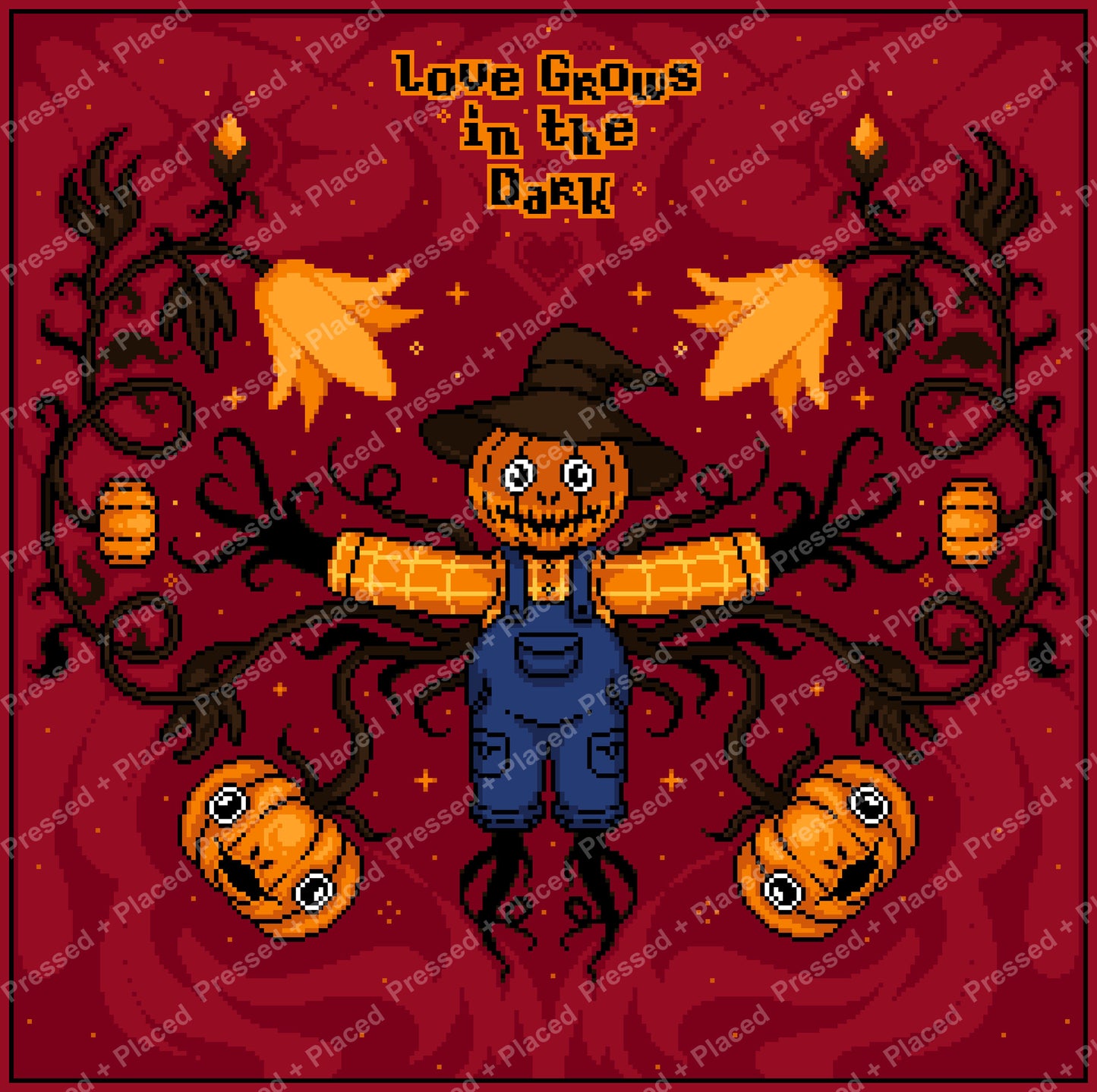 Pixel art scarecrow with pumpkins, candles, and dark vines on a red Halloween background