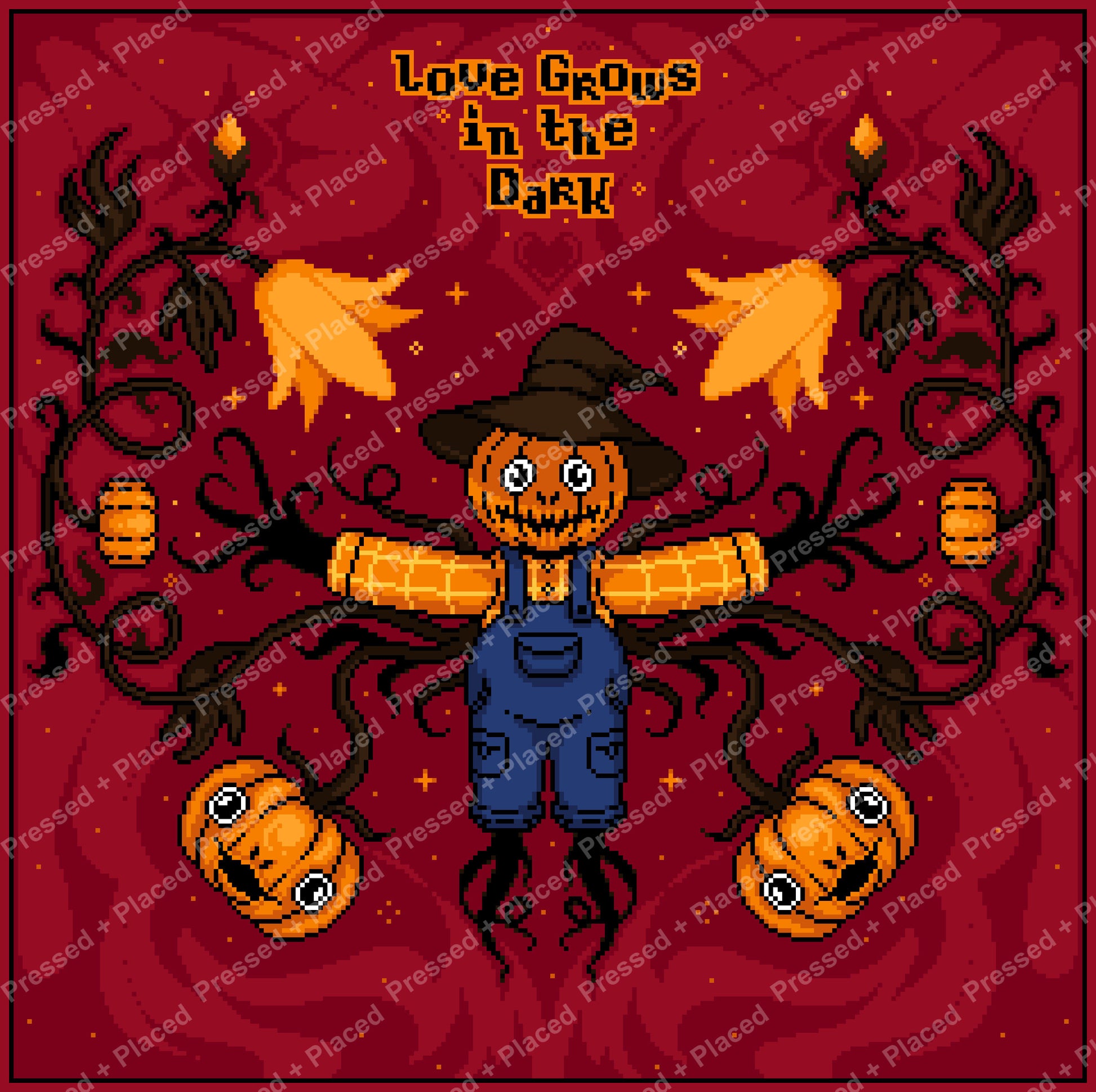 Pixel art scarecrow with pumpkins, candles, and dark vines on a red Halloween background