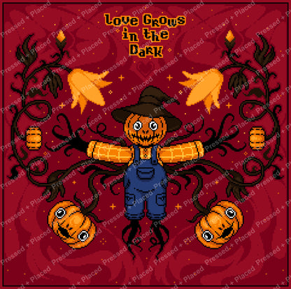 Pixel art scarecrow with pumpkins, candles, and dark vines on a red Halloween background