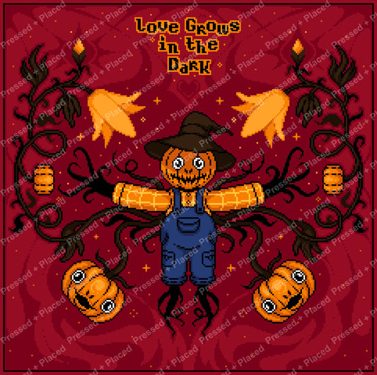 Pixel art scarecrow with pumpkins, candles, and dark vines on a red Halloween background
