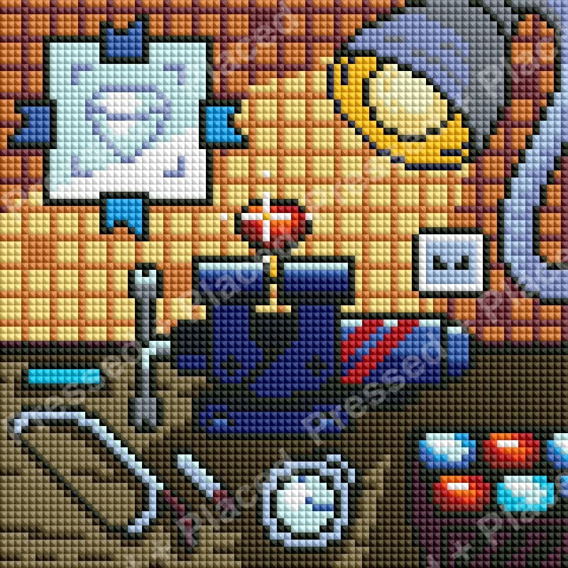 Pixel art gamer room with desk, monitor, headset, and colorful retro gaming details