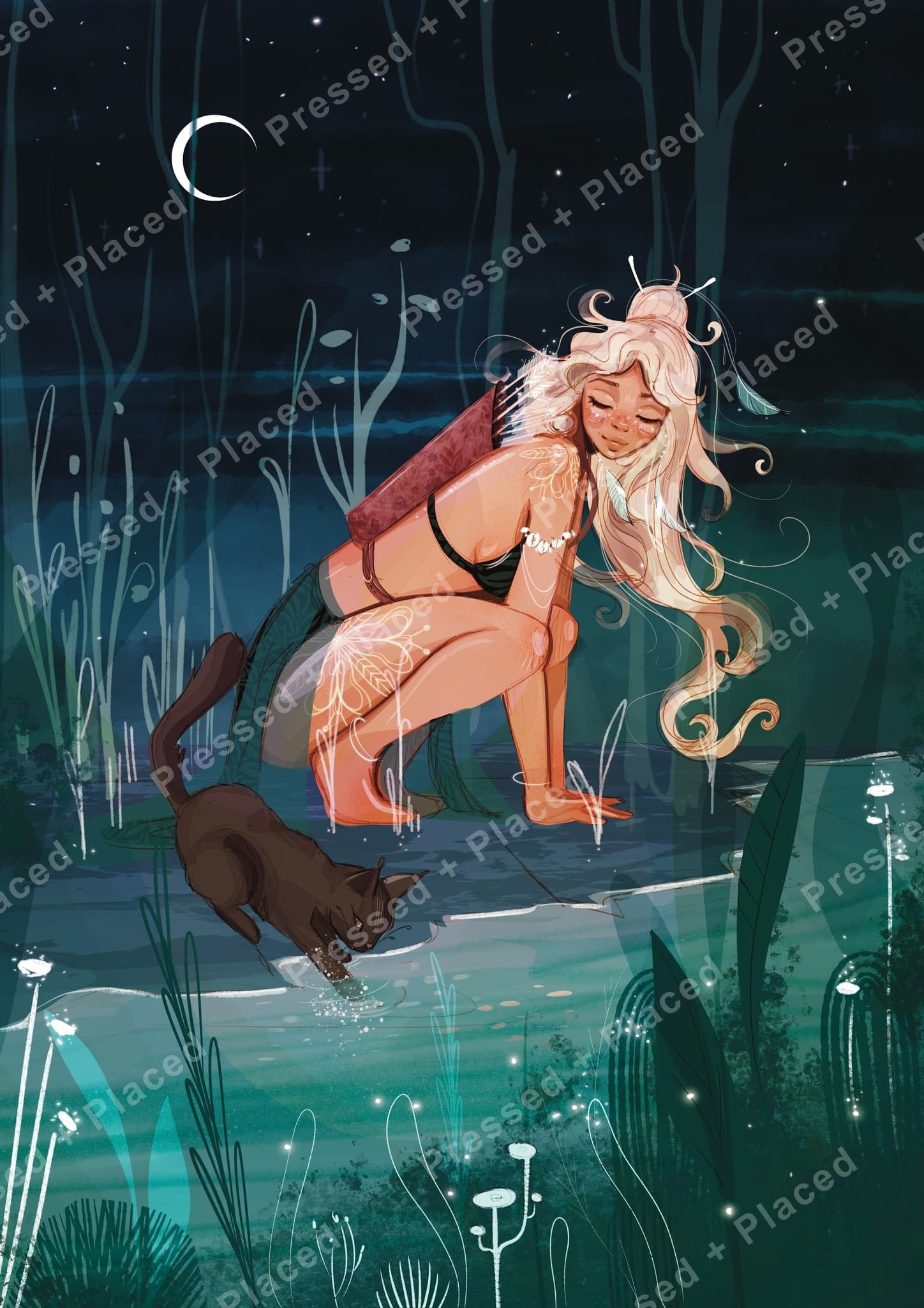 Fairy girl kneeling in a moonlit forest with a cat and glowing botanical details
