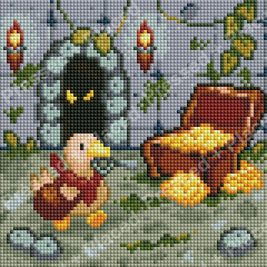 Duck adventurer beside treasure chest in whimsical jungle diamond art style