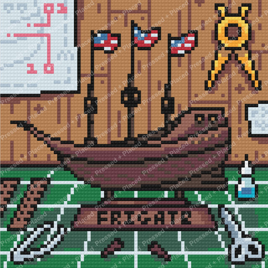 Pixel-art pirate ship diamond painting with flags, sails, and ocean details