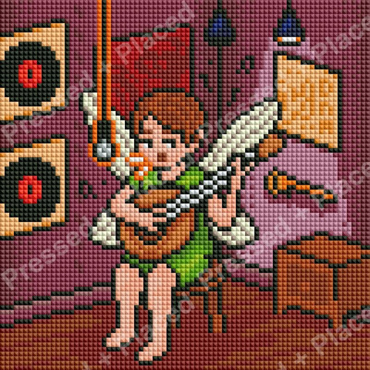 Fairy musician in a whimsical room with purple tones and fantasy decor