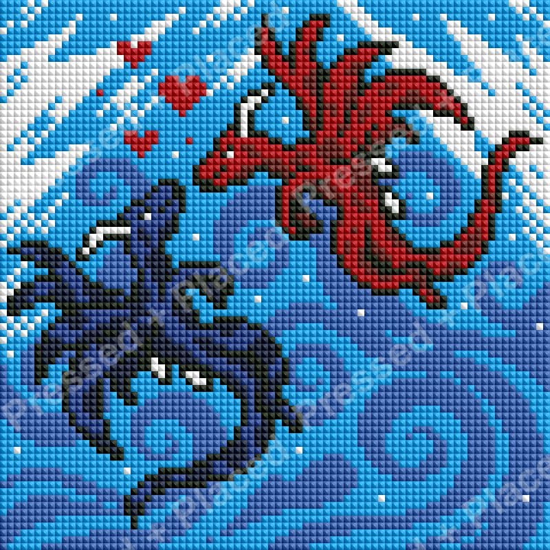 Red dragon facing a black horse in a pixel-style fantasy diamond art scene
