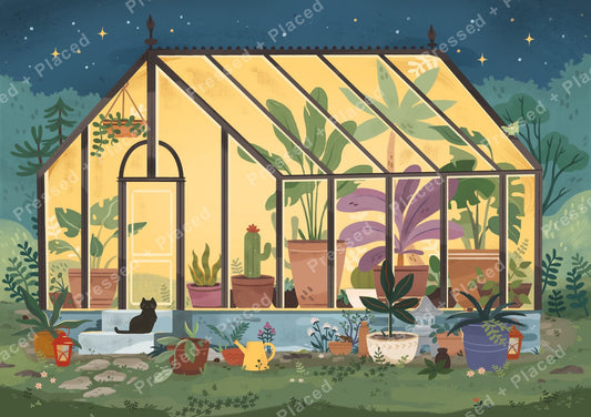 Whimsical greenhouse filled with potted plants under a starry evening sky