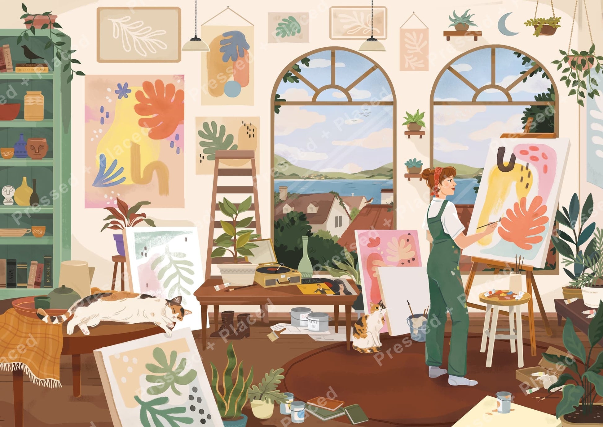 Cozy art studio scene with painter, plants, pets, and arched windows in soft colors