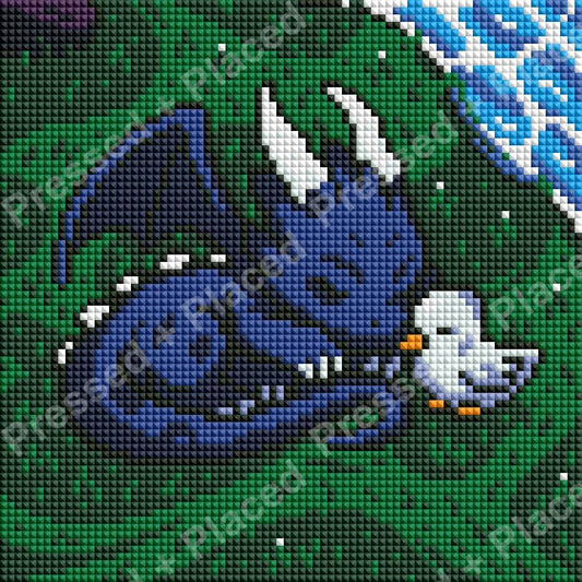 Blue dragon and white bunny fantasy diamond painting on green background