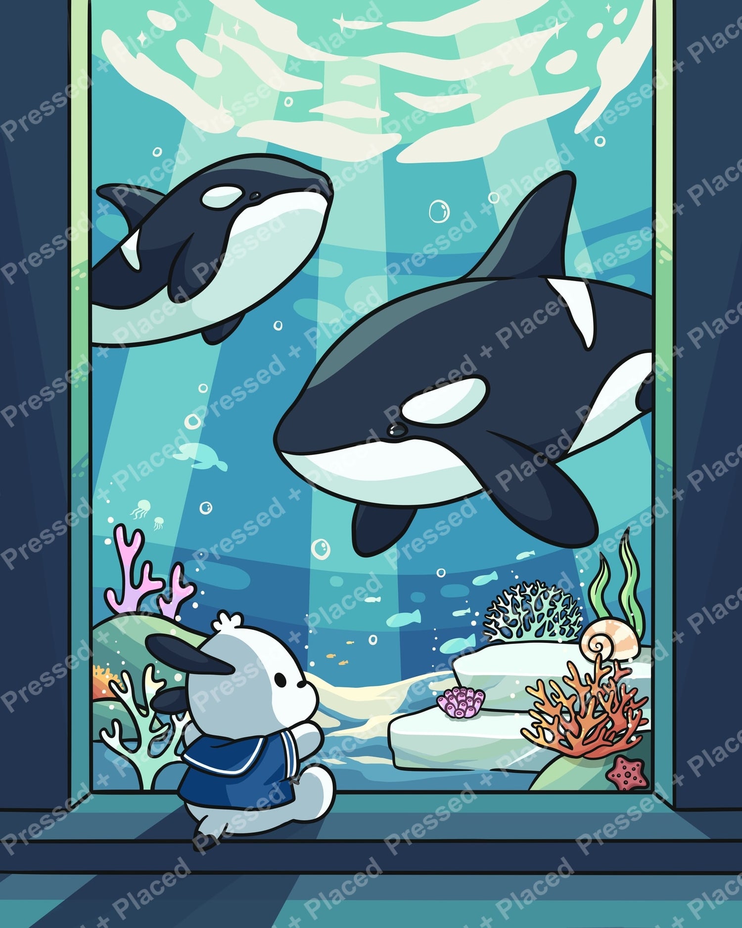 Cartoon orcas swimming underwater with a bunny, coral reef, and ocean blues