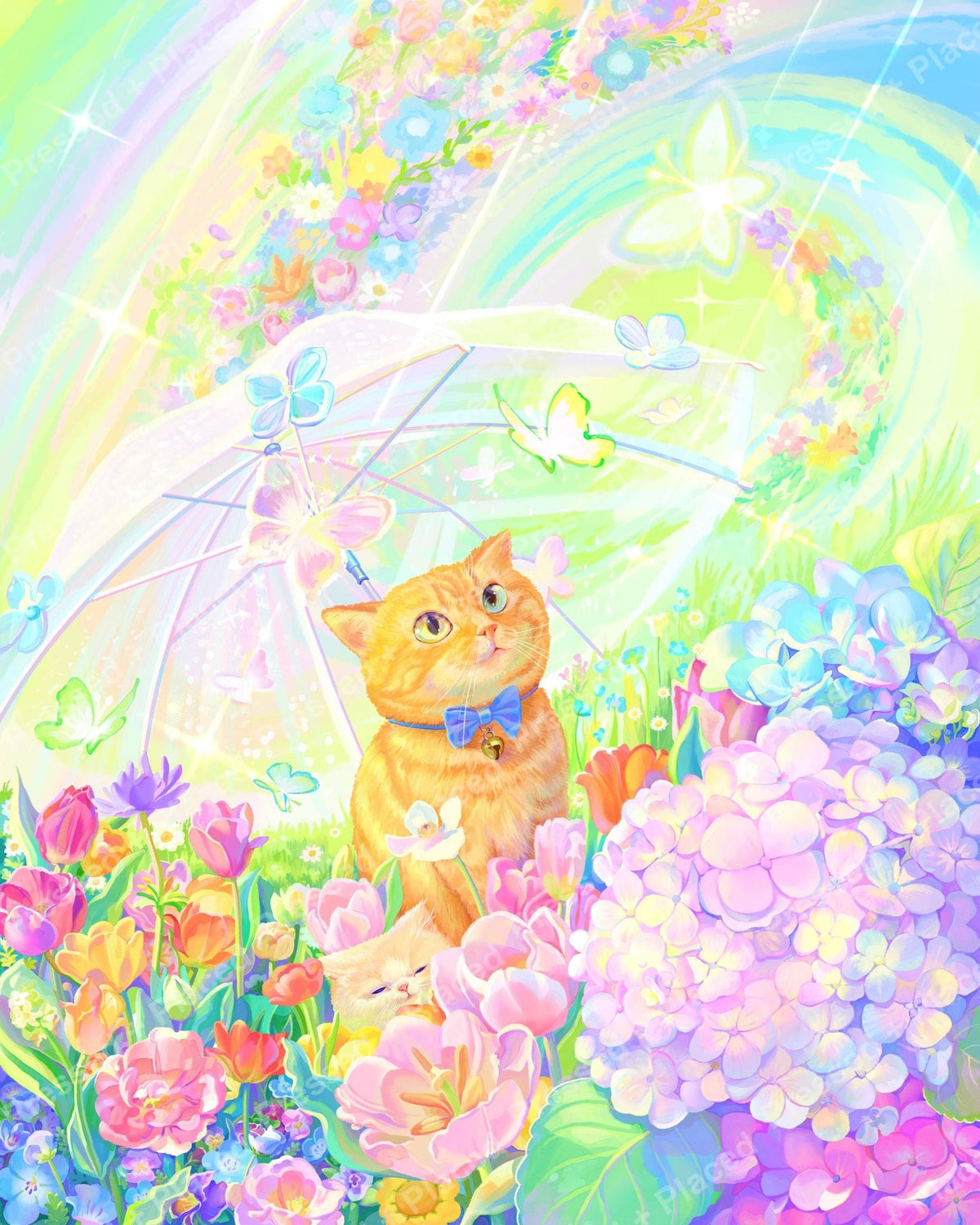 Orange cat in a pastel flower garden with butterflies, rainbow glow, and sparkling blossoms