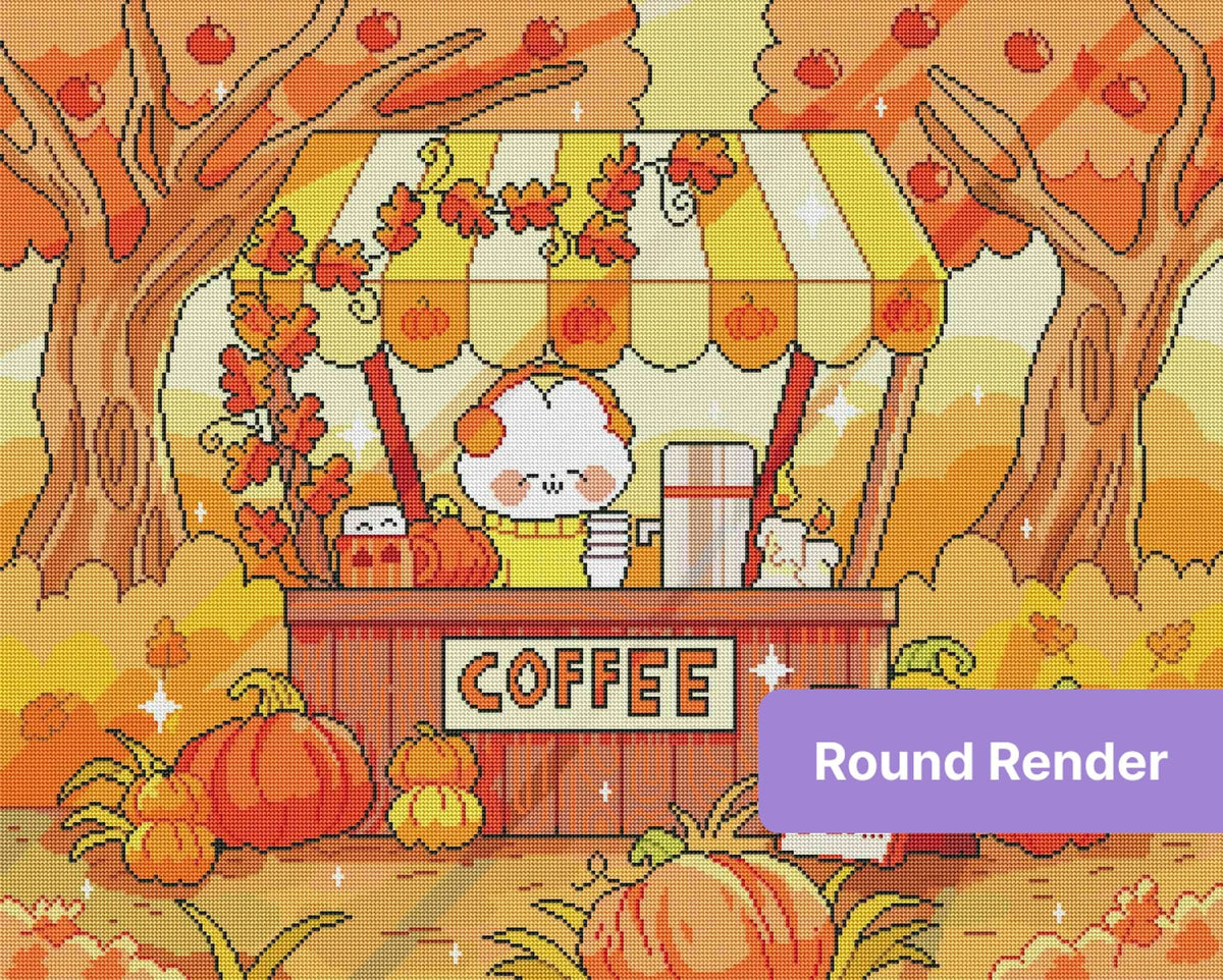 Cute autumn coffee cart with pumpkins, fall trees, and a whimsical cartoon café scene