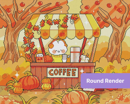 Cute autumn coffee cart with pumpkins, fall trees, and a whimsical cartoon café scene