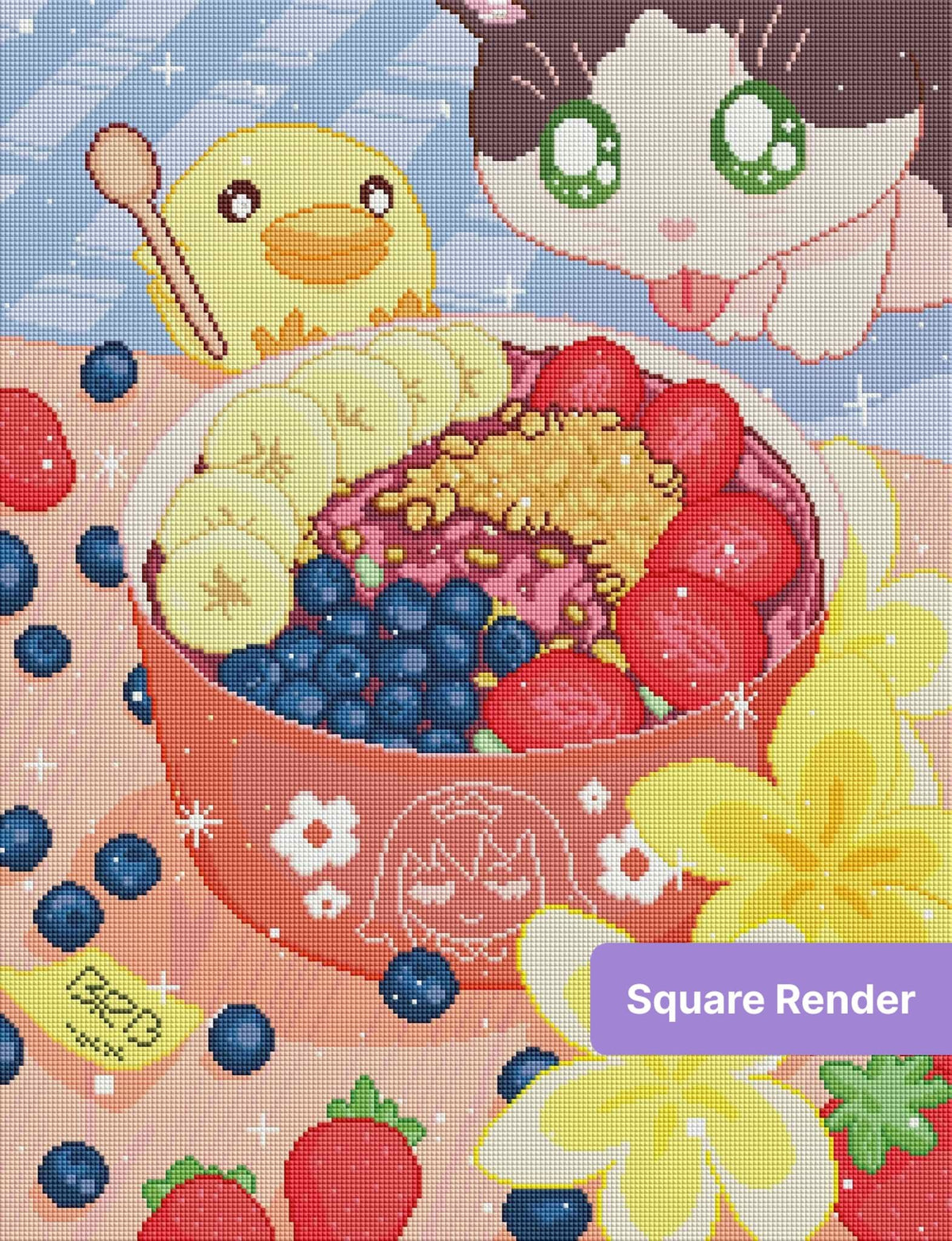 Cute kawaii cat and chick with colorful berry breakfast bowl in pastel style