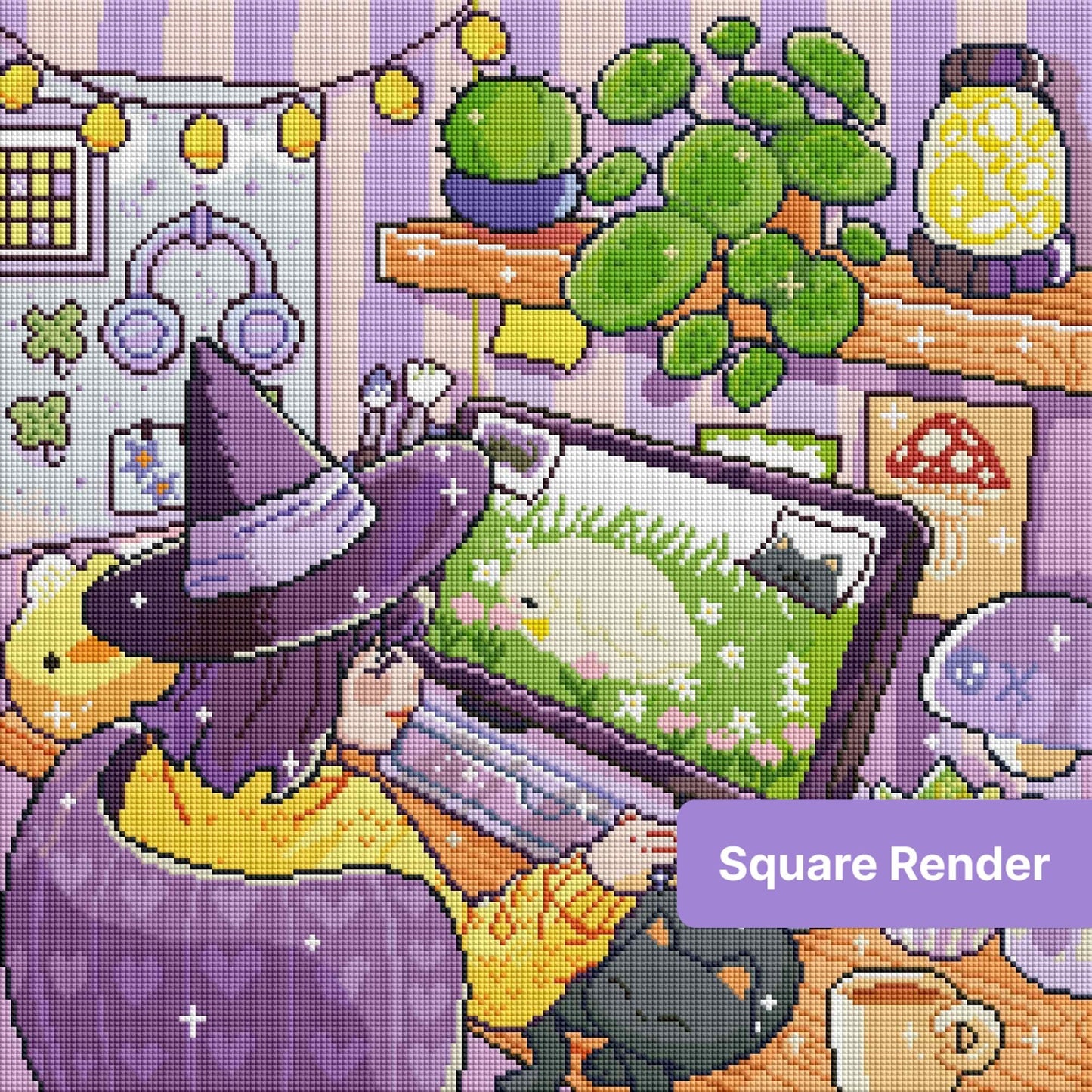 Cute witch at a cozy desk with plants, cat, and pastel fantasy décor
