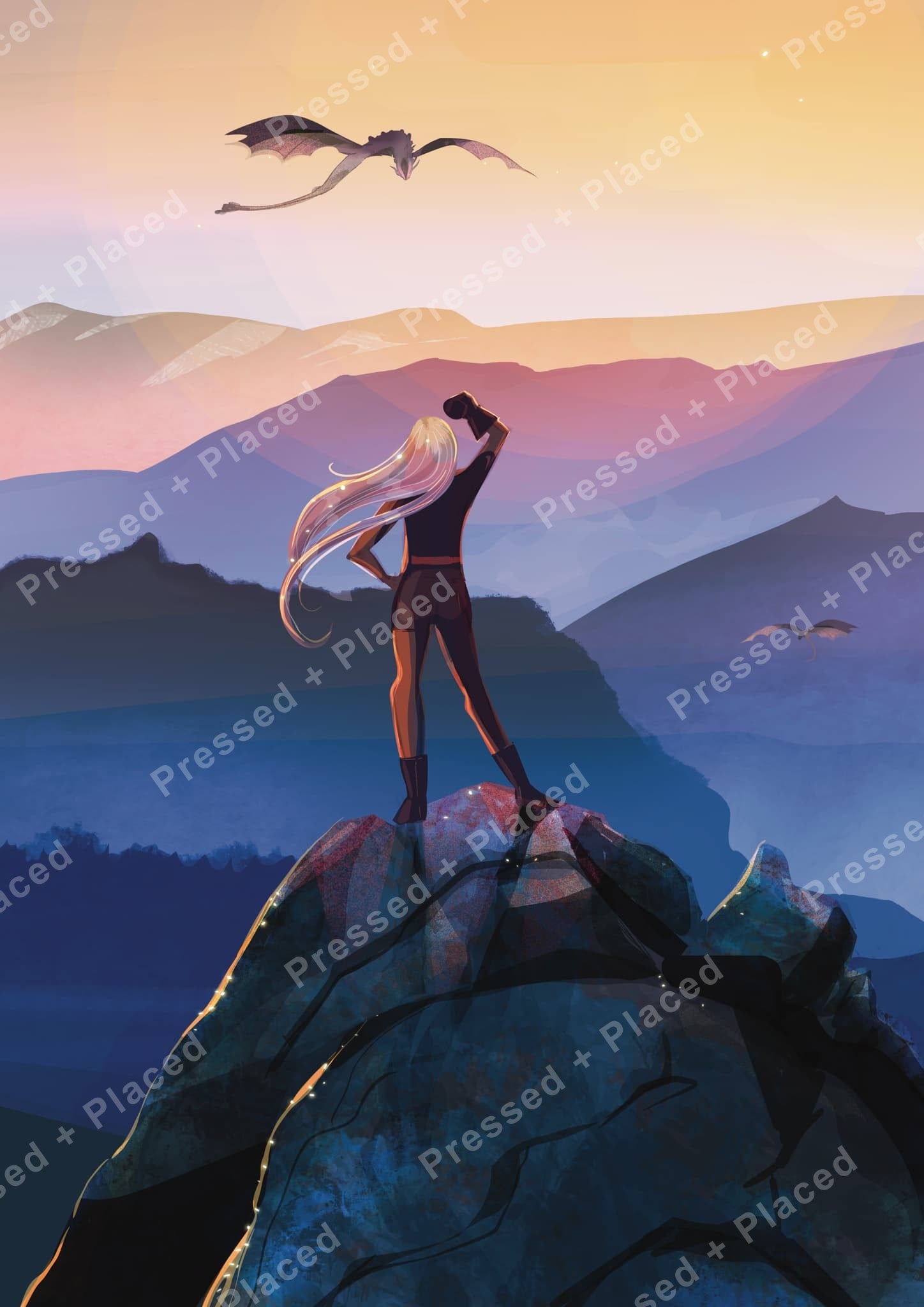 Fantasy dragon rider standing on a mountain peak under a glowing sunrise sky