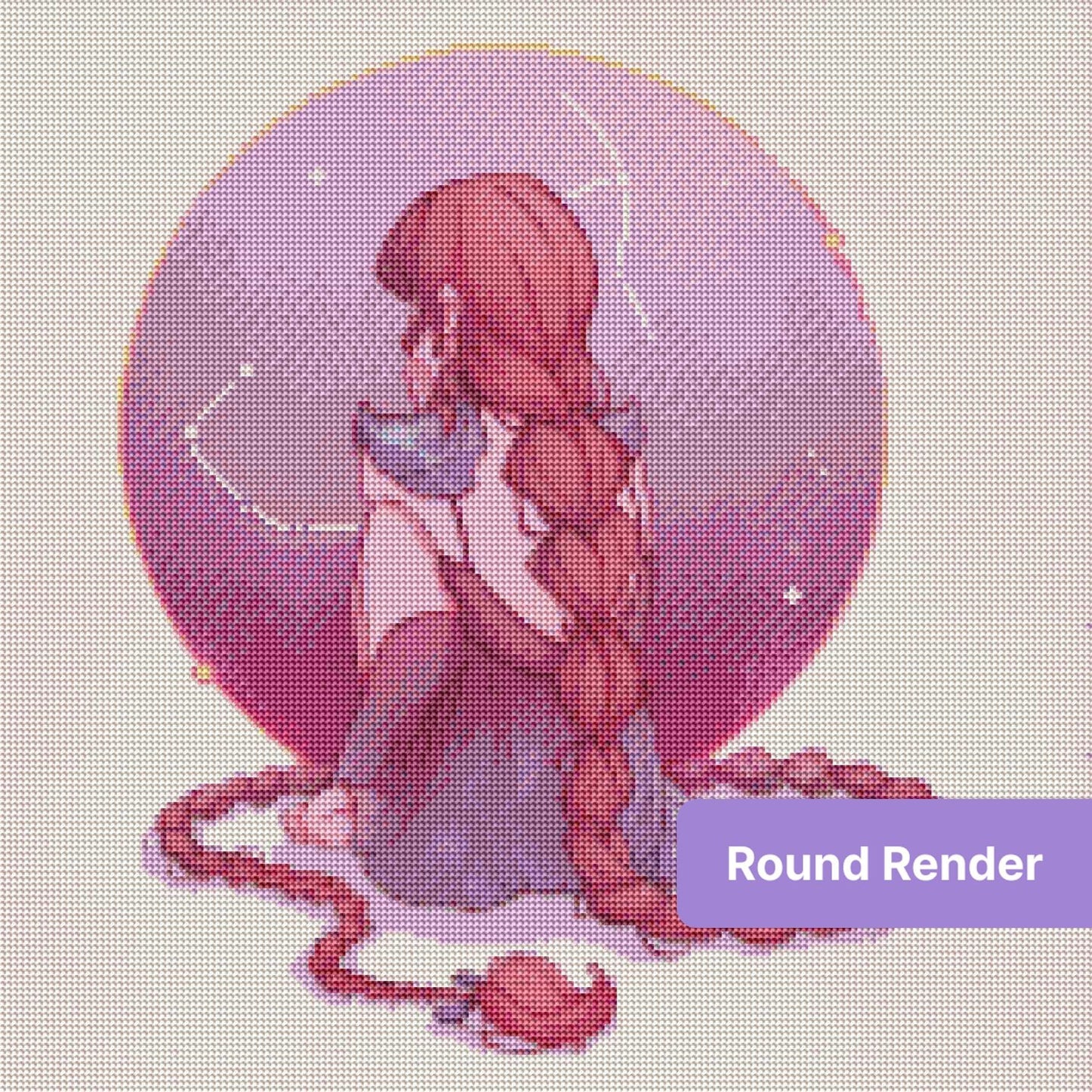 Anime-style girl with long pink braids seated before a glowing celestial circle