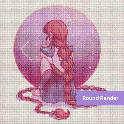 Anime-style girl with long pink braids seated before a glowing celestial circle