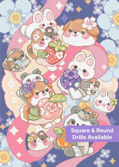Cute pastel kawaii animals with flowers, ribbons, and strawberries in a dreamy cartoon style