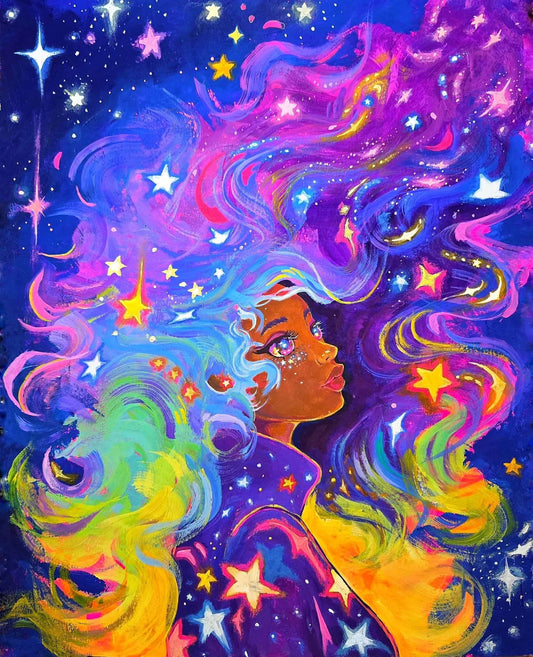 Colorful celestial woman with flowing rainbow hair and stars in a fantasy galaxy style