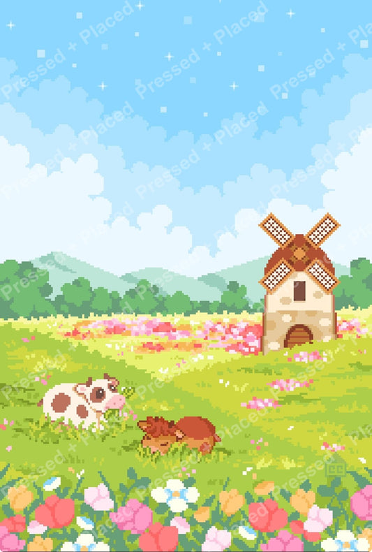 Pixel art farm scene with cow, horse, windmill, and blooming wildflowers