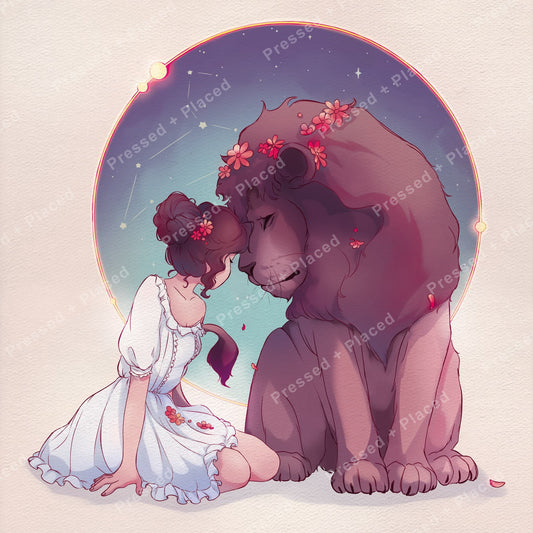 Girl and lion in a dreamy celestial fantasy style with flowers and stars
