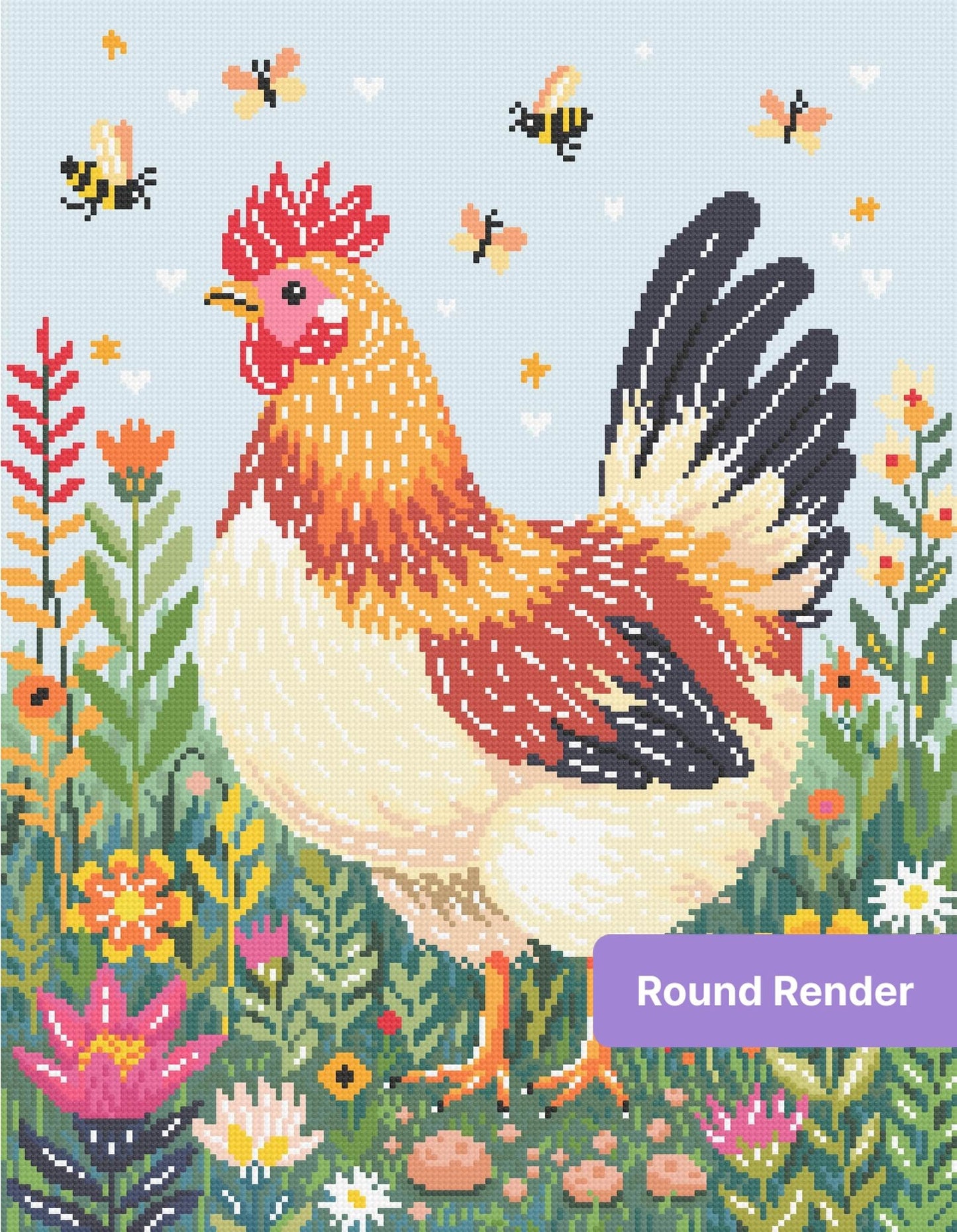 Colorful rooster in a floral garden with butterflies, whimsical painted style