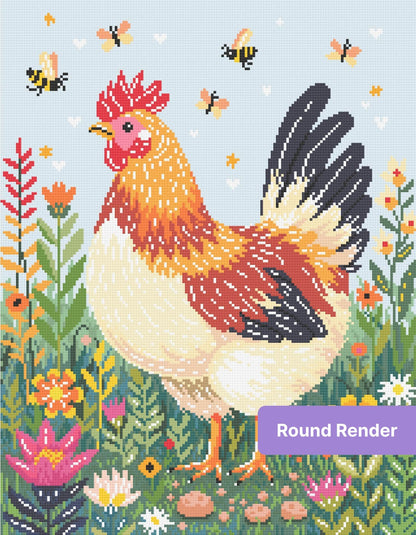 Colorful rooster in a floral garden with butterflies, whimsical painted style