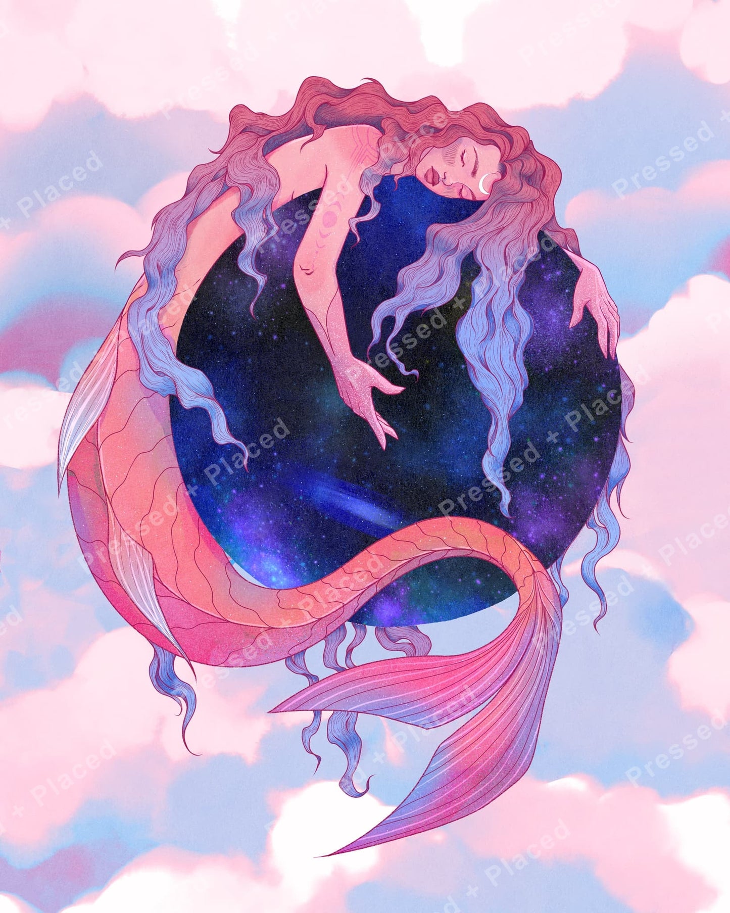 Fantasy mermaid floating in pastel clouds with flowing hair and a starry cosmic background