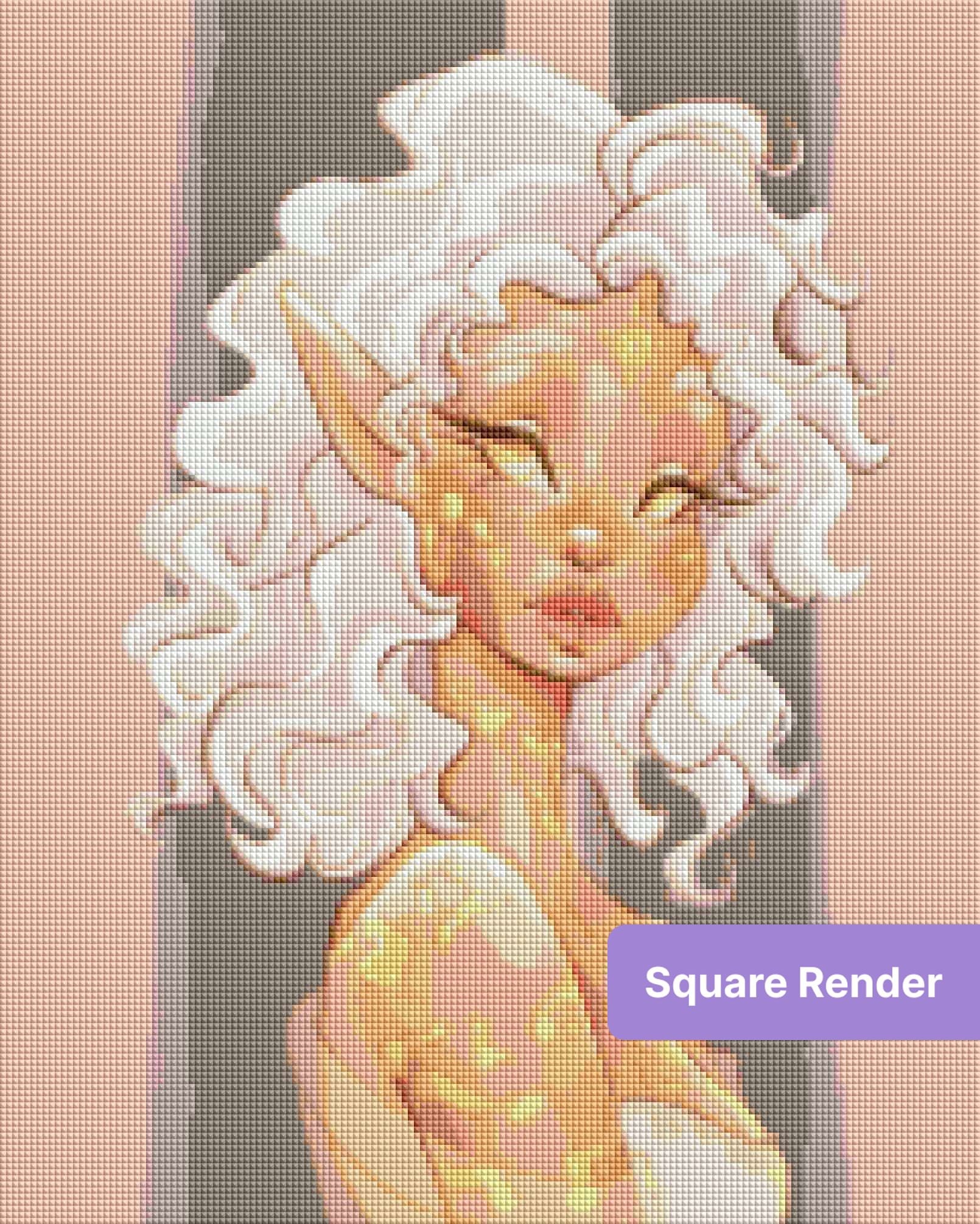 Stylized fantasy elf portrait with white curls, golden accents, and soft pastel tones