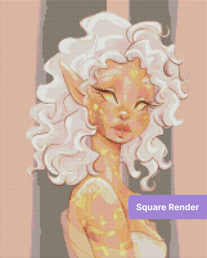 Stylized fantasy elf portrait with white curls, golden accents, and soft pastel tones