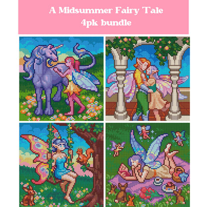 Four fantasy fairy diamond painting designs with pastel colors, unicorns, and magical midsummer scenes