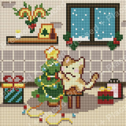 Festive cat beside a Christmas tree in a cozy holiday room with gifts and window decorations