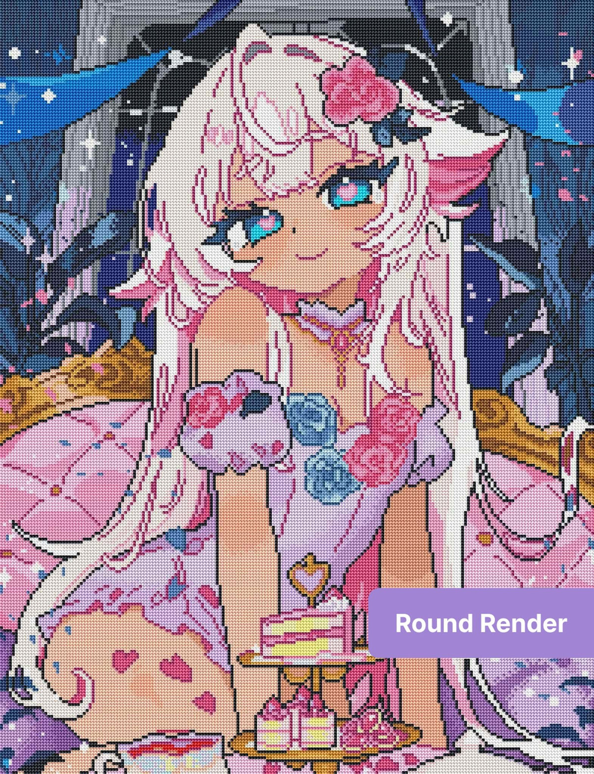 Anime-style fairy girl with white hair, pink flowers, and pastel fantasy details