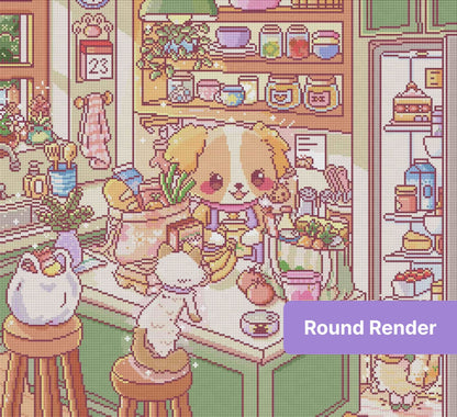 Cute cartoon puppy kitchen scene with pastel shelves, groceries, and cozy home details