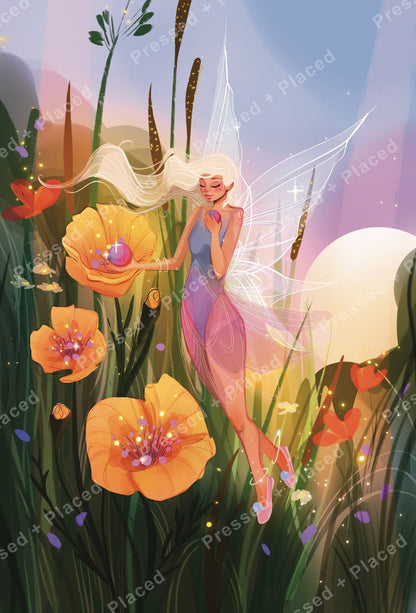 Fantasy fairy in a glowing flower garden with flowing hair, wings, and orange blossoms