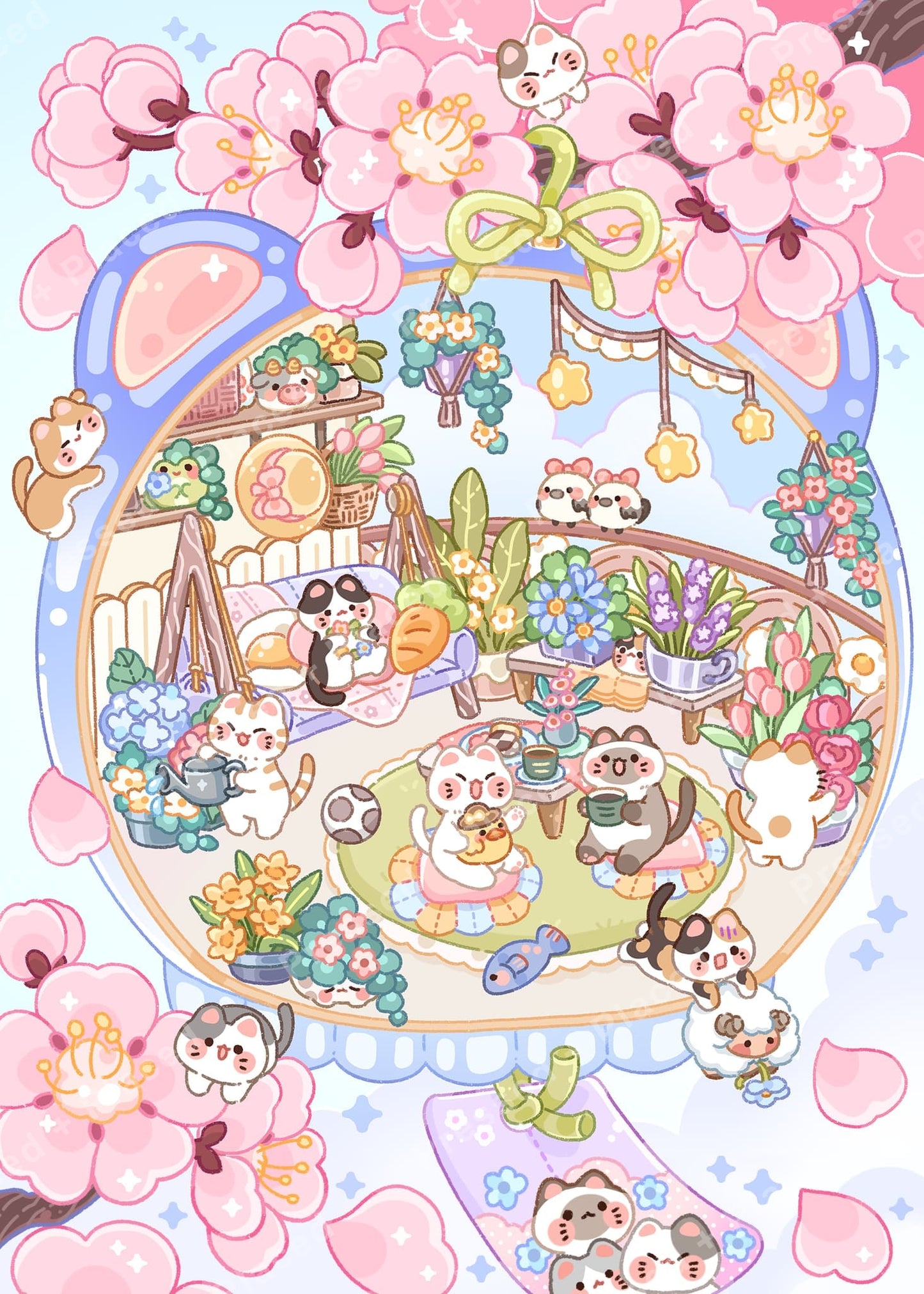 Cute pastel cat garden scene with pink blossoms, flowers, and whimsical kawaii details