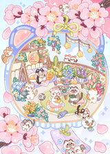 Cute pastel cat garden scene with pink blossoms, flowers, and whimsical kawaii details