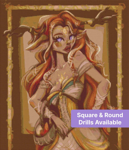 Fantasy deer woman portrait with glowing eyes, flowing red hair, and antler-like branches