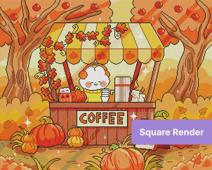Cute autumn coffee cart with pumpkins, fall trees, and a whimsical cartoon café scene