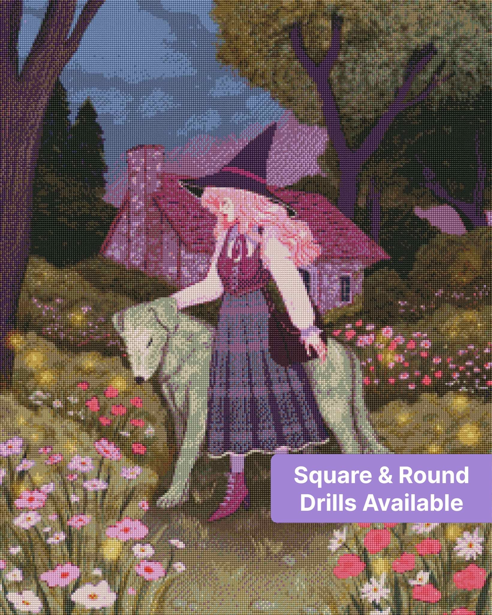 Witch girl with white dog in a flower-filled forest garden at dusk