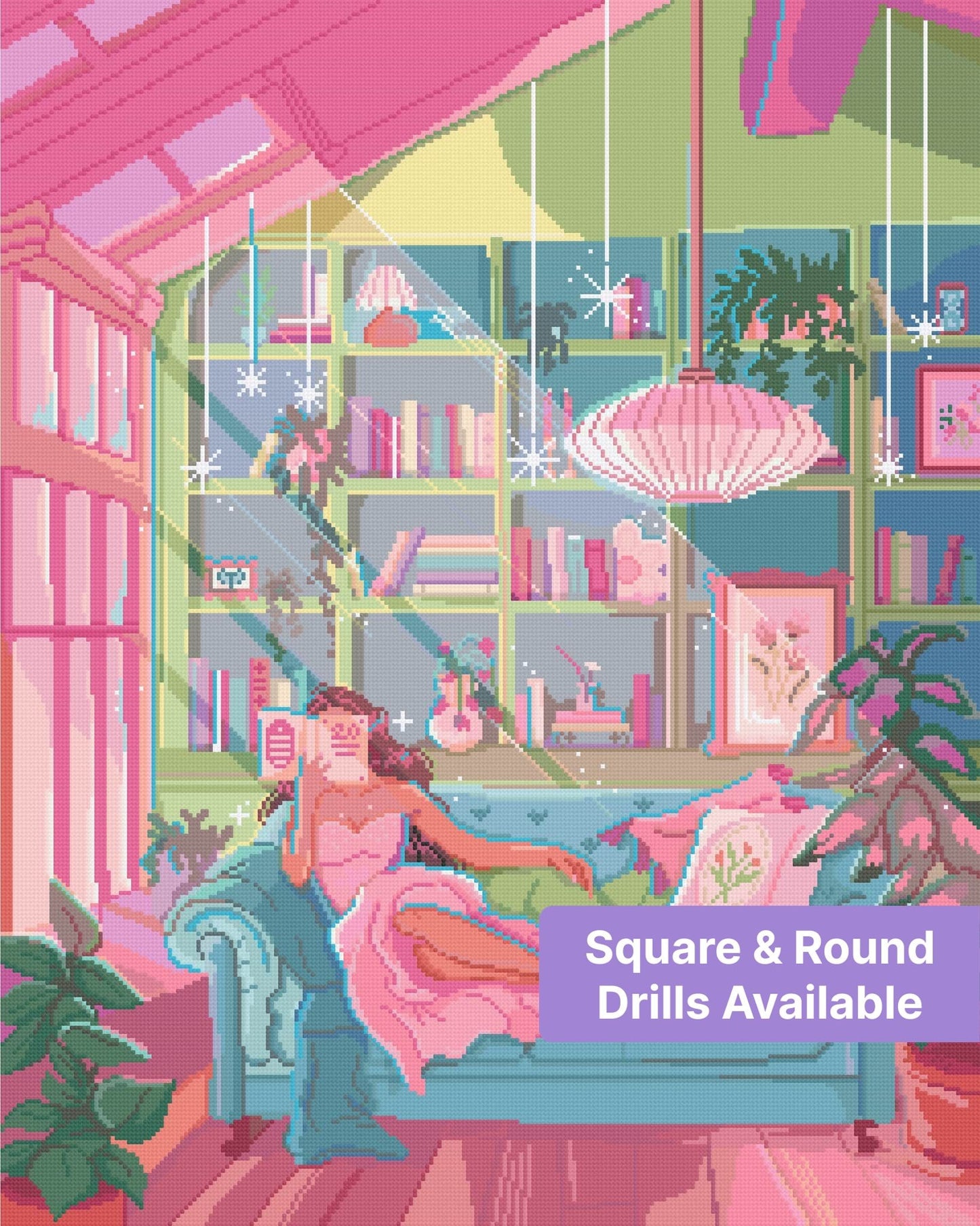 Pastel reading room scene with a woman on a sofa, bookshelves, plants, and a pink pendant lamp