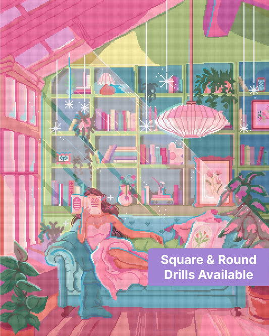 Pastel reading room scene with a woman on a sofa, bookshelves, plants, and a pink pendant lamp