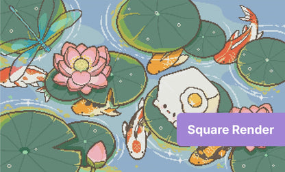 Cartoon koi fish swimming among lily pads and pink lotus flowers in a serene pond scene